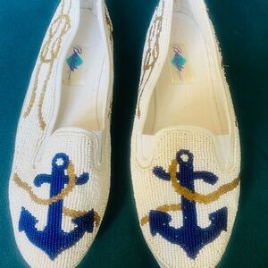 Unique vintage anchor shoes. Beaded leather white trimming. Rare finds.